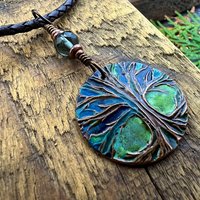 Tree of Life Pendant, Colorful Patina, Czech Glass Bead, Hand Carved, Irish Celtic Spirals, Celtic Witch Goddess, Ancient Earthy Jewelry