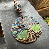 Tree of Life Pendant, Colorful Patina, Czech Glass Bead, Hand Carved, Irish Celtic Spirals, Celtic Witch Goddess, Ancient Earthy Jewelry