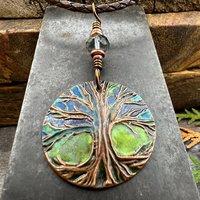 Tree of Life Pendant, Colorful Patina, Czech Glass Bead, Hand Carved, Irish Celtic Spirals, Celtic Witch Goddess, Ancient Earthy Jewelry