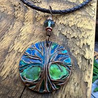 Tree of Life Pendant, Colorful Patina, Czech Glass Bead, Hand Carved, Irish Celtic Spirals, Celtic Witch Goddess, Ancient Earthy Jewelry