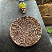 Tree of Life Pendant, Colorful Patina, Czech Glass Bead, Hand Carved, Irish Celtic Spirals, Celtic Witch Goddess, Ancient Earthy Jewelry