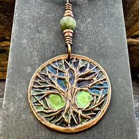 Celtic Tree of Life, Copper Pendant, Colorful Patina, Connemara Marble, Irish Celtic Spirals, Celtic Witch Goddess, Boho, Earthy Art Jewelry