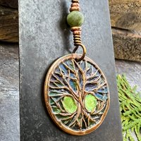 Celtic Tree of Life, Copper Pendant, Colorful Patina, Connemara Marble, Irish Celtic Spirals, Celtic Witch Goddess, Boho, Earthy Art Jewelry