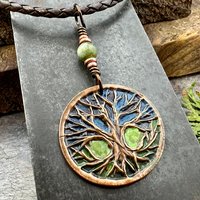 Celtic Tree of Life, Round Copper Pendant, Colorful Patina, Connemara Marble, Irish Celtic Spirals, Celtic Witch Goddess, Earthy Art Jewelry