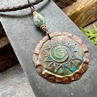 Celtic Sun Spiral Necklace, Copper Charm, Irish Celtic Spirals, Patina Colors, Czech Glass, Leather & Vegan Cords, Earthy Rustic Art Jewelry