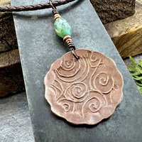 Celtic Sun Spiral Necklace, Copper Charm, Irish Celtic Spirals, Patina Colors, Czech Glass, Leather & Vegan Cords, Earthy Rustic Art Jewelry