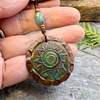 Celtic Sun Spiral Necklace, Copper Charm, Irish Celtic Spirals, Patina Colors, Czech Glass, Leather & Vegan Cords, Earthy Rustic Art Jewelry