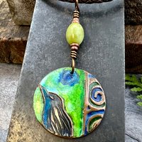 Copper Raven Pendant, Colorful Patina, Connemara Marble, Hand Carved, Irish Celtic Spirals, Celtic Witch Goddess, Ancient Earthy Jewelry