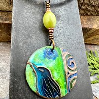 Copper Raven Pendant, Colorful Patina, Connemara Marble, Hand Carved, Irish Celtic Spirals, Celtic Witch Goddess, Ancient Earthy Jewelry