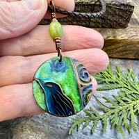 Copper Raven Pendant, Colorful Patina, Connemara Marble, Hand Carved, Irish Celtic Spirals, Celtic Witch Goddess, Ancient Earthy Jewelry