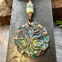 Tree of Life Pendant, Copper Colorful Patina, Connemara Marble, Hand Carved, Irish Celtic Spirals, Celtic Witch Goddess, Ancient Earthy Art