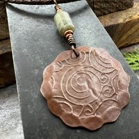 Tree of Life Pendant, Copper Colorful Patina, Connemara Marble, Hand Carved, Irish Celtic Spirals, Celtic Witch Goddess, Ancient Earthy Art