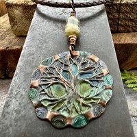 Tree of Life Pendant, Copper Colorful Patina, Connemara Marble, Hand Carved, Irish Celtic Spirals, Celtic Witch Goddess, Ancient Earthy Art