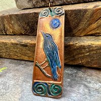 Raven Full Moon, Copper Pendant, Celtic Spirals, Colorful Patina, Czech Glass, Leather & Vegan Cords, Handmade Art Jewelry, Pagan Witch Gift