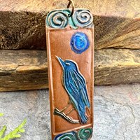 Raven Full Moon, Copper Pendant, Celtic Spirals, Colorful Patina, Czech Glass, Leather & Vegan Cords, Handmade Art Jewelry, Pagan Witch Gift