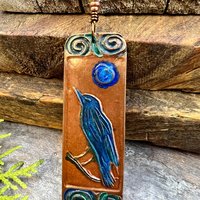 Raven Full Moon, Copper Pendant, Celtic Spirals, Colorful Patina, Czech Glass, Leather & Vegan Cords, Handmade Art Jewelry, Pagan Witch Gift