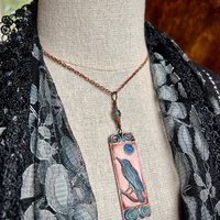Raven Full Moon, Copper Pendant, Celtic Spirals, Colorful Patina, Czech Glass, Leather & Vegan Cords, Handmade Art Jewelry, Pagan Witch Gift