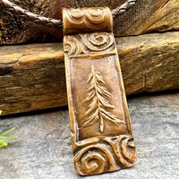 Pine Tree Pendant, Celtic Spirals, Copper Tree Necklace, Evergreen Coniferous Trees, Earthy Rustic Art Jewelry, Hand Carved, Tree of Life