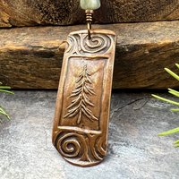 Pine Tree, Copper Pendant, Celtic Spirals, Connemara Marble, Evergreen Trees, Earthy Rustic Art Jewelry, Hand Carved, Tree of Life, Pagan