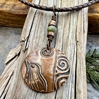 Copper Raven Pendant, Irish Celtic Jewelry, Connemara Marble, Pagan Wicca Necklace, Witch Necklace, Raven Moon, Anniversary Gifts, Spirals