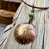 Shamrock Copper Pendant, Connemara Marble Necklace, Irish Celtic Spirals, Irish Clover, Leather Vegan Cords, Handmade in Door County WI