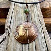Shamrock Copper Pendant, Connemara Marble Necklace, Irish Celtic Spirals, Irish Clover, Leather Vegan Cords, Handmade in Door County WI