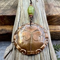 Shamrock Pendant, Connemara Marble Necklace, Irish Celtic Spirals, Copper 7th Anniversary, Irish Clover, Leather Vegan Cords, Heart Love