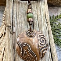 Copper Raven Pendant, Irish Celtic Jewelry, Connemara Marble, Pagan Wicca Necklace, Witch Necklace, Raven Moon, Anniversary Gifts, Spirals