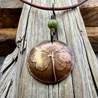 Shamrock Copper Pendant, Connemara Marble Necklace, Irish Celtic Spirals, Irish Clover, Leather Vegan Cords, Handmade in Door County WI