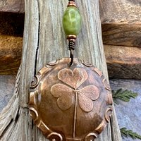 Shamrock Pendant, Connemara Marble Necklace, Irish Celtic Spirals, Copper 7th Anniversary, Irish Clover, Leather Vegan Cords, Heart Love