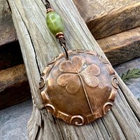 Shamrock Pendant, Connemara Marble Necklace, Irish Celtic Spirals, Copper 7th Anniversary, Irish Clover, Leather Vegan Cords, Heart Love