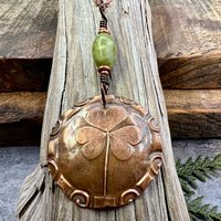 Shamrock Pendant, Connemara Marble Necklace, Irish Celtic Spirals, Copper 7th Anniversary, Irish Clover, Leather Vegan Cords, Heart Love