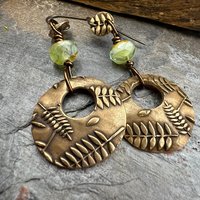 Bronze Hoops, Fern Earrings, Faceted Czech Glass, Hypoallergenic Ear Wires, Earthy Boho, Rustic Jewelry, Botanical, Two Sided Earrings