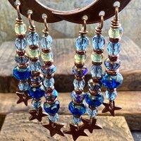 Crescent Moon & Stars, Copper Chandelier Earrings, Czech Glass Beads, Waxing Waning Moon, Moon Goddess, Pagan Wiccan, Celestial Jewelry