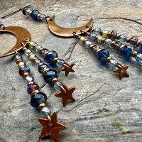 Crescent Moon & Stars, Copper Chandelier Earrings, Czech Glass Beads, Waxing Waning Moon, Moon Goddess, Pagan Wiccan, Celestial Jewelry