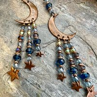 Crescent Moon & Stars, Copper Chandelier Earrings, Czech Glass Beads, Waxing Waning Moon, Moon Goddess, Pagan Wiccan, Celestial Jewelry