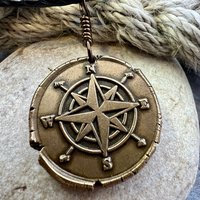 Compass Rose Charm, Bronze Compass Necklace, Nautical Sailing Sea, Protection Guidance Talisman, Men's Unisex Jewelry, Rustic Seaworn