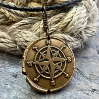 Compass Rose Charm, Bronze Compass Necklace, Nautical Sailing Sea, Protection Guidance Talisman, Men's Unisex Jewelry, Rustic Seaworn