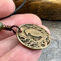 Raven Charm, Bronze Necklace, Tree Branch Bird, Connemara Marble, Irish Celtic Jewelry, Crow Blackbird, Disc Charm, Pagan Wicca Pendant