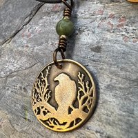 Raven Charm, Bronze Necklace, Tree Branch Bird, Connemara Marble, Irish Celtic Jewelry, Crow Blackbird, Disc Charm, Pagan Wicca Pendant