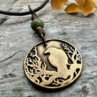 Raven Charm, Bronze Necklace, Tree Branch Bird, Connemara Marble, Irish Celtic Jewelry, Crow Blackbird, Disc Charm, Pagan Wicca Pendant