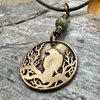Raven Charm, Bronze Necklace, Tree Branch Bird, Connemara Marble, Irish Celtic Jewelry, Crow Blackbird, Disc Charm, Pagan Wicca Pendant
