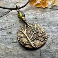 Tree of Life Charm, Bronze Necklace, Tree Branches, Czech Glass Bead, Disc Charm Pendant, Hand Carved, Celtic Witch, Pagan Druid, Earth Love