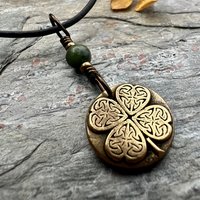 Four Leaf Clover, Bronze Necklace, Wax Seal Charm, Connemara Marble, Irish Celtic Jewelry, Lucky Charm, Celtic Witch, Irish Shamrock Luck