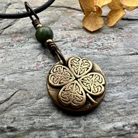 Four Leaf Clover, Bronze Necklace, Wax Seal Charm, Connemara Marble, Irish Celtic Jewelry, Lucky Charm, Celtic Witch, Irish Shamrock Luck