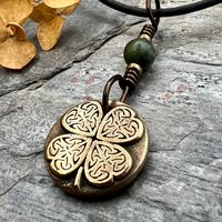 Four Leaf Clover, Bronze Necklace, Wax Seal Charm, Connemara Marble, Irish Celtic Jewelry, Lucky Charm, Celtic Witch, Irish Shamrock Luck
