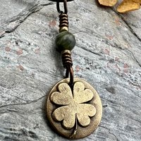 Four Leaf Clover, Bronze Necklace, Wax Seal Charm, Connemara Marble, Irish Celtic Jewelry, Lucky Charm, Celtic Witch, Irish Shamrock Luck