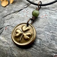 Shamrock Clover Charm, Bronze Wax Seal Charm, Connemara Marble, Irish Celtic Jewelry, Leather & Vegan Cords, Handmade, Soul Harbor Jewelry