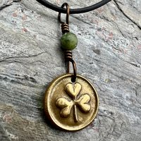 Shamrock Clover Charm, Bronze Wax Seal Charm, Connemara Marble, Irish Celtic Jewelry, Leather & Vegan Cords, Handmade, Soul Harbor Jewelry