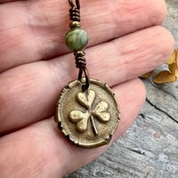 Shamrock Clover Charm, Bronze Wax Seal Charm, Connemara Marble, Irish Celtic Jewelry, Leather & Vegan Cords, Handmade, Soul Harbor Jewelry